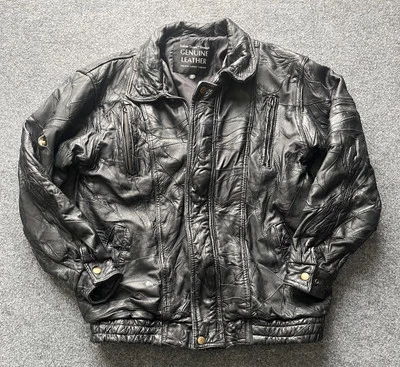 Vintage Leather Jacket Italian Stone Patch 90s Bomber Black Size Medium M - Image 1 of 4