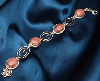 Bezel Set Red Orange Aventurine Gemstone & Sterling Silver Adjustable Bracelet - Image 1 of 4