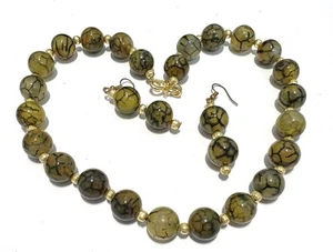 Dragon Veins Agate Beads Gold Tone Necklace Earrings Set,27A - Picture 1 of 8