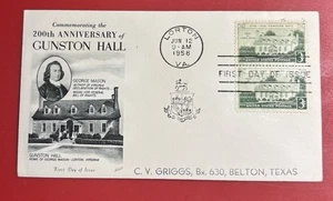 U.S. 200TH ANNIVERSARY OF GUNSTON HALL (HOME OF GEORGE MASON) 1958 FDC SC#1108 - Picture 1 of 1
