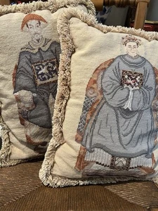Vintage Asian Needlepoint Pillows Chinese Emperor & Empress Wool Petit Point - Picture 1 of 10