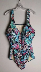 Traje de baño Miraclesuit azul verde rosa hoja de palma acanalado de una pieza 24W - Imagen 1 de 4