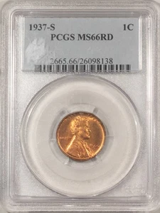 1937-S LINCOLN CENT, PCGS MS-66RD, BLAZING RED & SUPERB! - Picture 1 of 3
