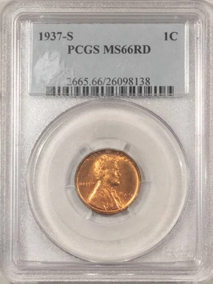 1937-S LINCOLN CENT, PCGS MS-66RD, BLAZING RED & SUPERB! - Image 1 of 3