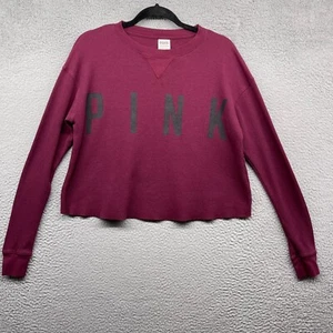 PINK Victorias Secret Women T-Shirt Red Knit Long Sleeve Crew Neck Logo Size XS - Picture 1 of 11