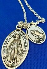 Large Mary Pendant St. Martha Praying Hands Charm 24" Rolo Silver Chain Necklace