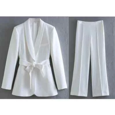 Moda Blazer Con cordones Pantalones Largos Conjuntos Mujeres Cuello en V Blazer con Cinturón Trajes Foto 1 de 4