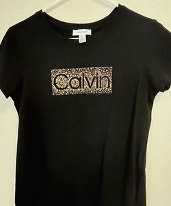 Calvin Klein Short-Sleeve T-Shirt Black Sz S CH/P Gold beaded Logo Chest 36" - Picture 1 of 4