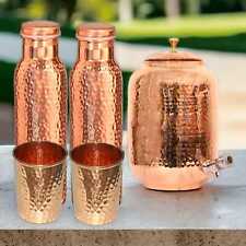NEW Copper Water Dispenser (Matka) Hammered Container Pot With Bottle &Glass set