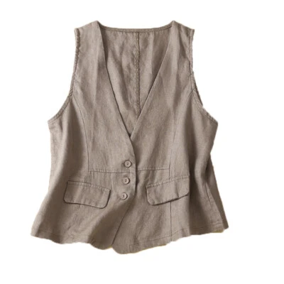 Women Sleeveless Vest Waistcoat Tank Top V-neck Casual Cotton Linen Summer Vest  - Image 1 of 4