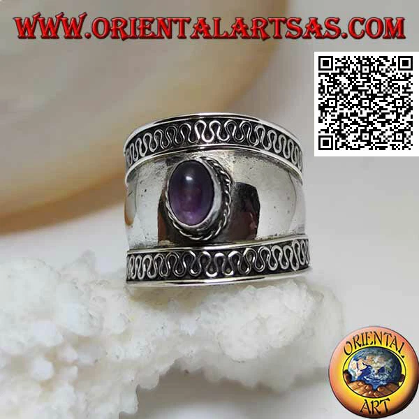 Anello in Argento 925‰ a fascia larga con ametista e serpentina, Bali - Immagine 1 di 1