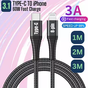 Heavy Duty Braided PD Fast Charger Lead USB C to iPhone Cable 14 13 12 11 X 8 7 - Picture 1 of 20