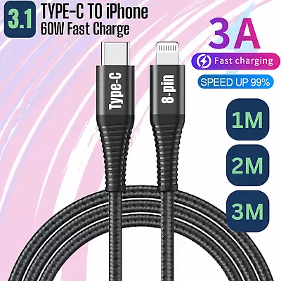 Heavy Duty Braided PD Fast Charger Lead USB C to iPhone Cable 14 13 12 11 X 8 7 - Image 1 of 4