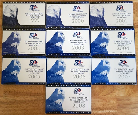 1999 - 2008-S Clad Quarter Proof Sets - Complete Run in OGP - All Boxes & COA's Cover