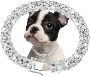 Silver Diamond Cuban Link Dog Collar 13mm Crystal Pet Necklace for Small to Larg - Picture 1 of 5