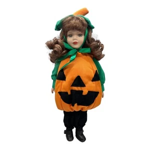 Doll In Pumpkin Costume with Porcelain Face & Hands Halloween Jack-O-Lantern 13” - Picture 1 of 8