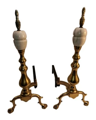 Vintage Marble And Brass Andirons w/ Cast Iron Dogs 21” Height - Image 1 of 4