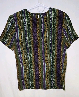 Blusa vintage Christie Jill Top para mujer pequeña 100 % seda colorida años 80  Foto 1 de 4