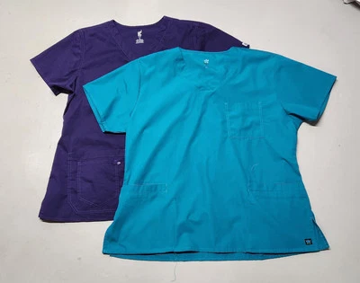 BUNDLE (2) Women MAEVN MC2 Scrub Tops XL Solid Purple Teal Pockets Maevn NWOT - Image 1 of 4