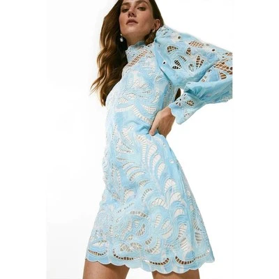 Karen Millen Paisley Lace Cutwork Dress Blue Mini Long Sleeve Sz 10 US - Image 1 of 4