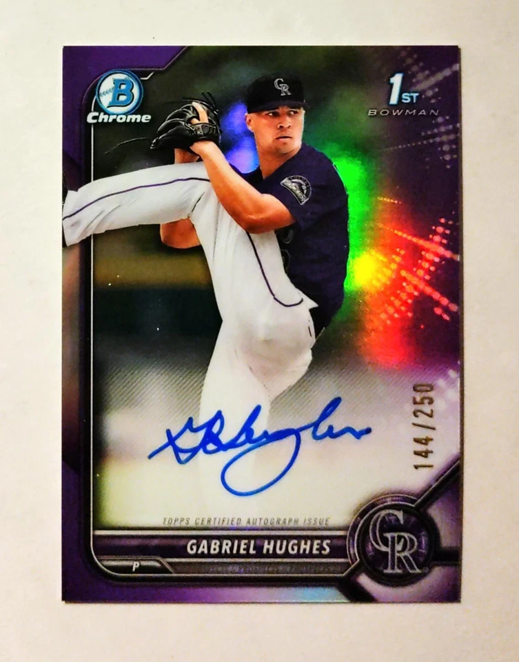 Gabriel Hughes 2022 1st Bowman Chrome AUTO Prospect PURPLE REFRACTOR 144/250 C6 - Image 1 of 1