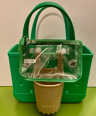 BITTY BOGG BAG GREEN WITH ENVY + SMALL CLEAR POUCH + MUSHROOM BEVERAGE HOLDER - Image 1 of 4