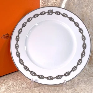 Hermes Paris Dinner Plate Chaine d'Ancre Platinum Porcelain Tableware with Case - Picture 1 of 13