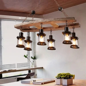 Farmhouse Rustic Wooden Chandelier Lamp Lantern Glass Shape Ceiling Kitchen Deco - Picture 1 of 7
