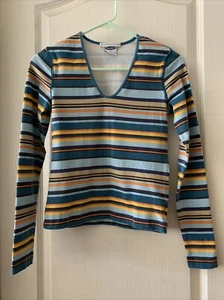 VTG Old Navy  T-shirt Womens Medium  Multi Color Striped V Neck, Long Sleeve - Picture 1 of 8