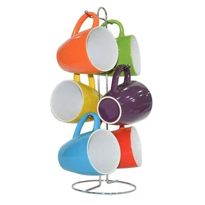 15 oz. Tea Cup Set of 6 Multi Color Ceramic Coffee Mug Set with a Metal Stand - Picture 1 of 4