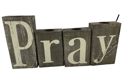 Barn Board Bricks Wooden Blocks Candleholders Painted Stenciled P R A Y - Image 1 of 4