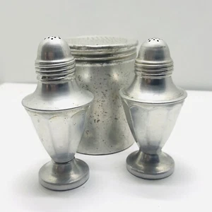 Vintage Aluminum Salt and Pepper Shaker Set 3pc Art Deco Silver Tone Screw Top - Picture 1 of 12