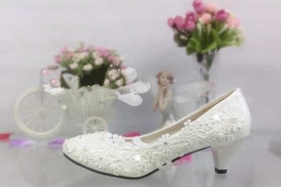 Lace white ivory crystal Women's Wedding shoes Bridal flats low high heel pump - Image 1 of 4