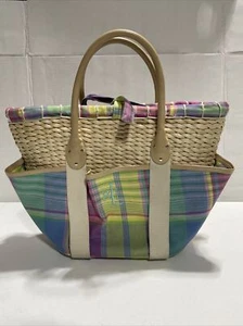 Lauren Ralph Lauren | Plaid Woven Wicker Hand Bag | Multi-Color Cotton | Canvas - Picture 1 of 19