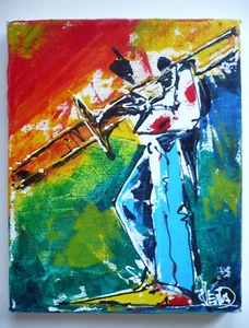 MYSTERY ART, SUONATORE DI TROMBONI MUSICISTA JAZZ MODERNO NEW ORLEANS ?? SEMI ASTRATTO - Foto 1 di 12