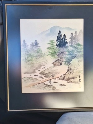Vintage Chinese Watercolor Painting  Landscape RIVER CROSSING Signed Framed - Image 1 of 4