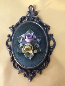 Vintage 3D Porcelain Roses Wall Hanging Ornate Gold Frame 8” X  5” Italy 1960’s - Picture 1 of 7