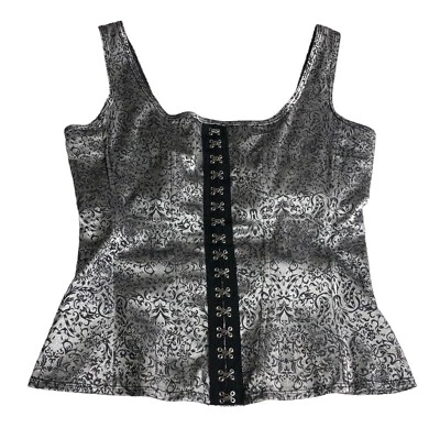 Vintage 90s Super Low Fat Bustier Corset Large Silver Brocade Faux Clasp Goth - Image 1 of 4