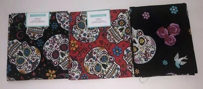 Lot of 3 Fat Quarter Sugar Skulls Red Black Glitter Folkoric Skulls 18x 21 Inch. - Image 1 of 4