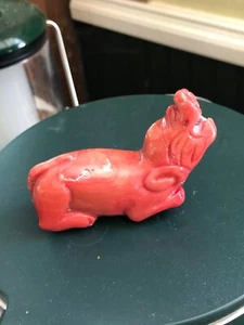 Vtg RED CORAL Carved DOG LION HIPPO Figurine 2.5 x .75 x 2" BEAUTIFUL Asian - Picture 1 of 6