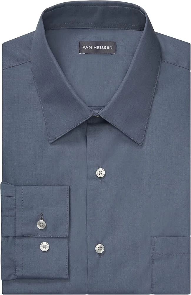 Van Heusen Men's Dress Shirt - Fitted Lux Sateen Stretch, Spread Collar, Wrinkle Resistant, Grey (16 Neck, 36-37 Sleeve)