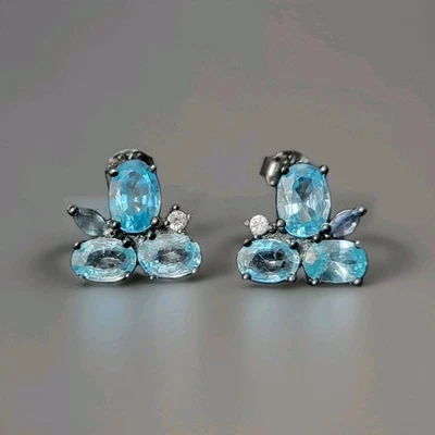 Pendientes postes de plata de ley 925 con flor de topacio azul cielo natural 1153 Foto 1 de 4