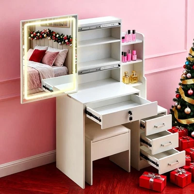 Dressing Table Set w/LED Mirror and Drawers, Shelves, Stool Vanity Make up Desk - Image 1 of 4