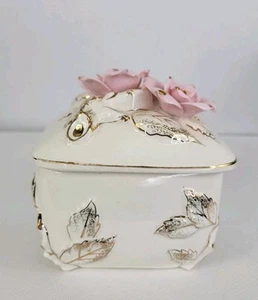Porcelain Powder Box Japan Roses Nippon Yoko Puff Pink Gold Vintage - Picture 1 of 11