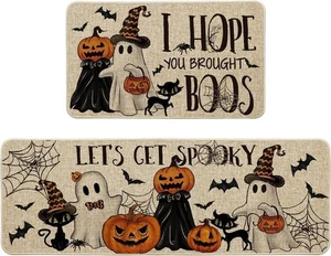 Halloween Kitchen Mats Set I Hope You Brought Boos Spider Web Pumpkin - Picture 1 of 7