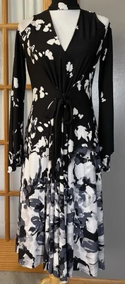 Marc Bouwer Floral Midi Dress M Flared Sleeve Cut Out Ruched Black White Cottage - Image 1 of 4
