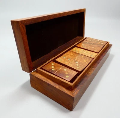 Vintage Wooden Dominoes Set Walnut Box Brass Inlay 28 Dominoes Handcrafted - VGC - Image 1 of 4