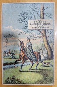 Tarjeta comercial victoriana - Extractor de dolor mágico de Dalley - Mujer a caballo y perro - Imagen 1 de 2
