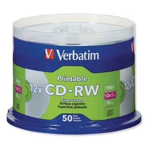 Verbatim 12x CD-RW Printable Rewritable Disc 700 MB/ 80 min Silver x-50 Spindle - Picture 1 of 7