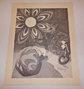 Andre Desjardins Stift Tinte Zeichnung Siamkatzen Blumen 1974 MCM Druck Modernist - Bild 1 von 6